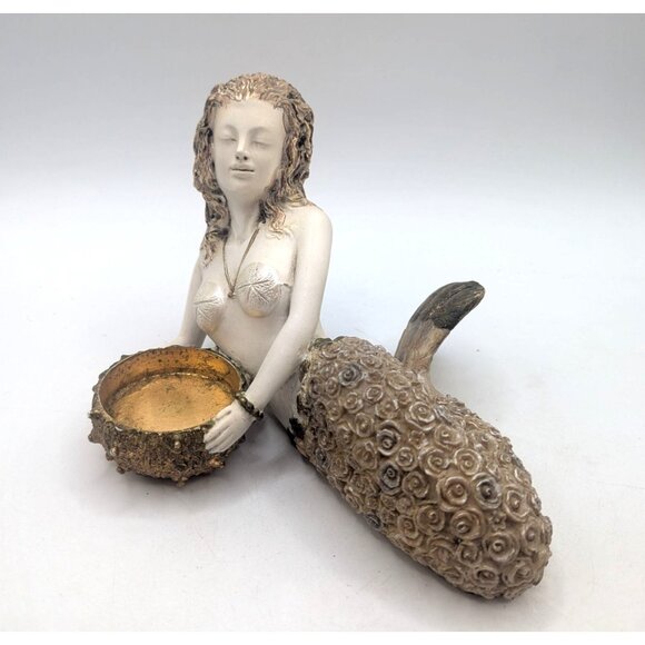 Mermaid Votive Holder Statue With Gold Accent Bowl 8" Resin Sculpture - Picture 7 of 9